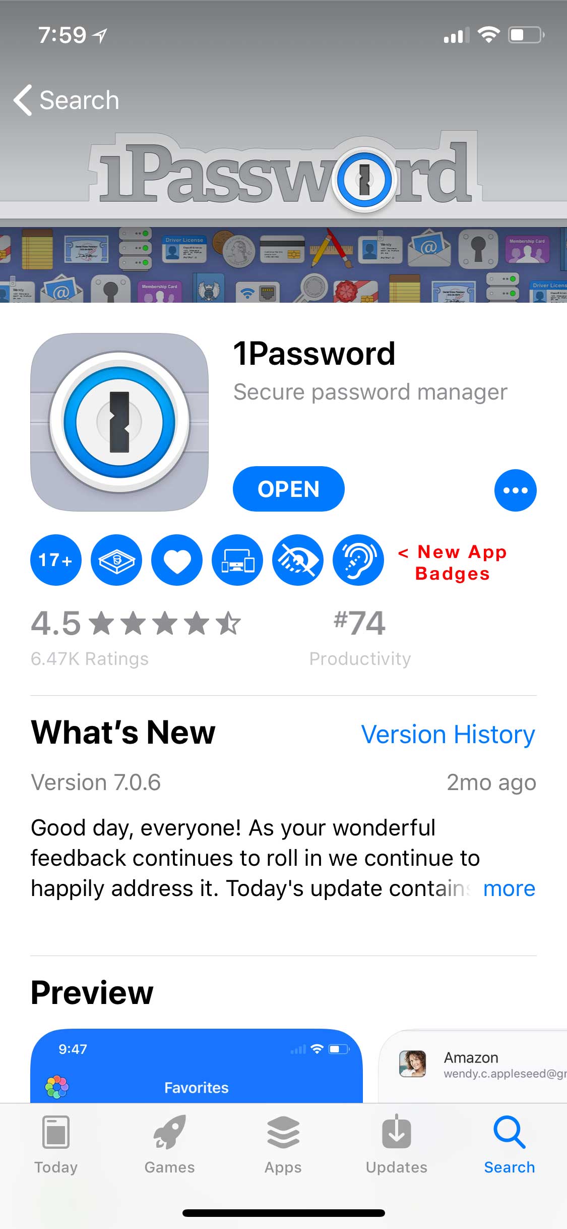 AppStore screenshot showing 1Password with new App Badges